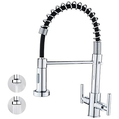 Maynosi Kitchen Sink Mixer Tap, Twin Levers Kitchen Faucet with Pull Down Sprayer (2 Function), Kitchen Mixer 360° Swivel, Full Solid Brass Body Stainless Steel Swivel Spring, Chrome Cover