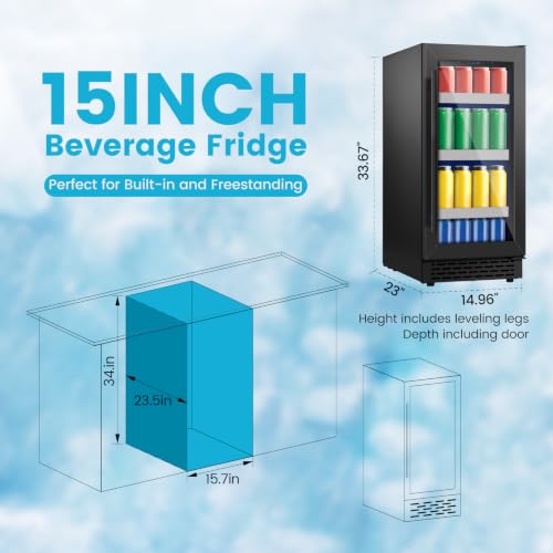 Image of 15 Inch Black Beverage Refrigerator, 130 Cans Beverage Cooler Under Counter,Freestanding 37-65F Mini Beverage Fridge with Glass Door& Stainless Steel Shelves