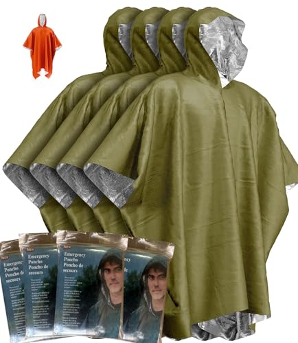 Kanuothbon Emergency Survival Poncho (4pc) Thermal Mylar Foil Coating Blanket for Heat Retention and Rain | Reversible with Hood | Waterproof Windproof Portable Hands-free Outdoor Kit