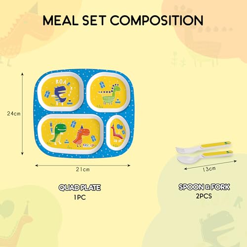 Image of Cello Kidzbee Quadmeal Dino Party Melamine Meal Set for Kids | BPA Free and Food-Grade Material | Attractive and Kidfriendly Designs | Break Resistant & Durable Set | Set of 3, Yellow