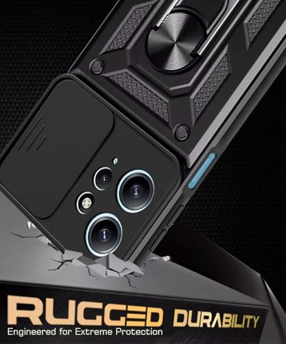 Image of WOW IMAGINE Tough Armor Bumper Mobile Back Case for Redmi Note 12 4G | Sliding Camera Shield Cover | Shock Proof 360 Protection | Hybrid PC + TPU | Ring Holder with Kickstand - Black