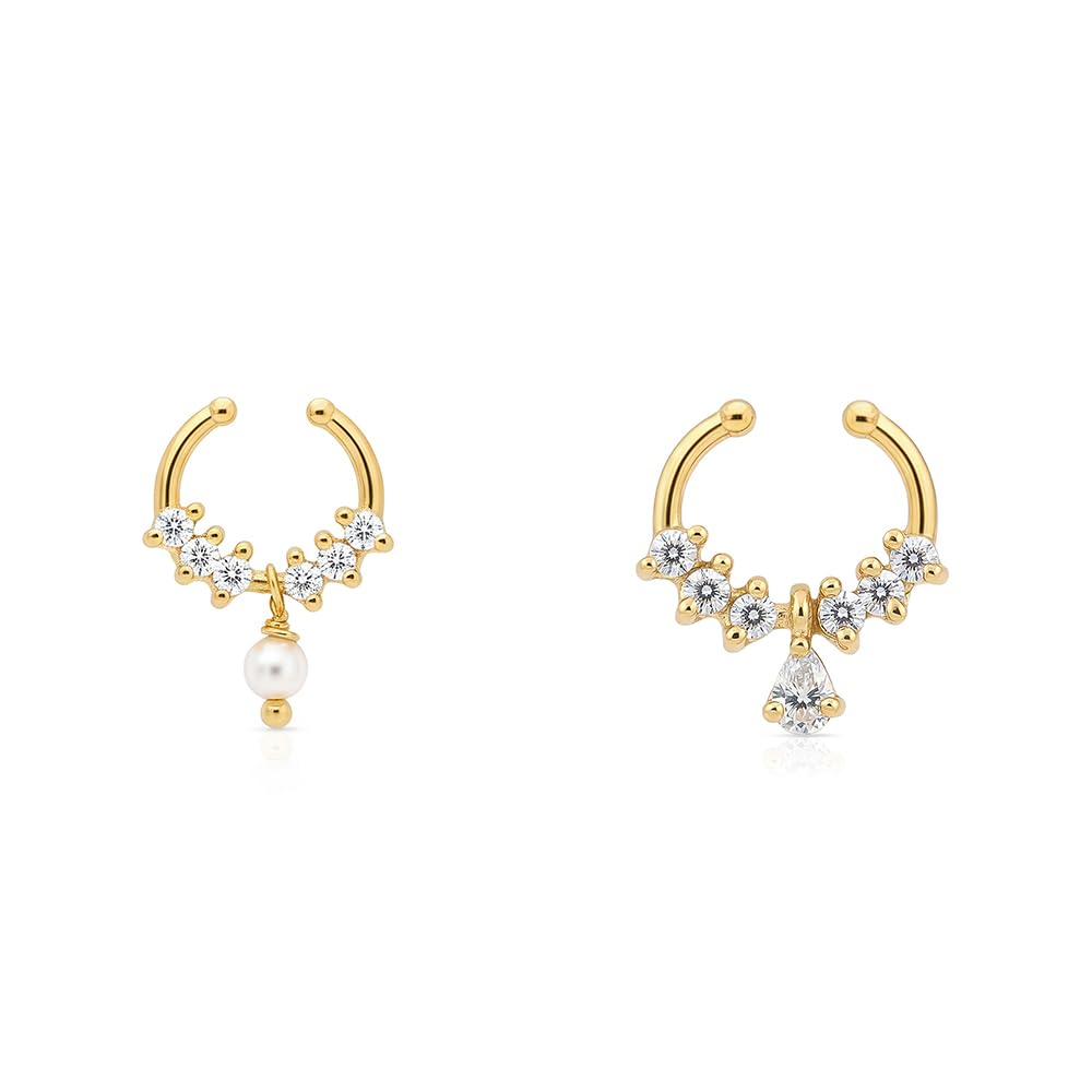 touch925 Pure 925 Silver Set of 2 Septum Nose Rings | Pearl & Teardrop Charm Dangle CZ Hoops in Gold Finish | Curved Cubic Zirconia Line with Faux Pearl | Gifts for Women and Girls | With Certificate of Authenticity-picture-18
