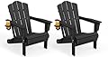 KINGYES Folding Adirondack Chair Set of 2, HDPE All-Weather Patio Chairs with Cup Holder, Wooden Textured Fire Pit Chairs for Poolside, Backyard, Deck, Black
