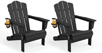 KINGYES Folding Adirondack Chair Set of 2, HDPE All-Weather Patio Chairs with Cup Holder, Wooden Textured Fire Pit Chairs for Poolside, Backyard, Deck, Black