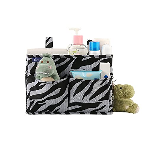 Image of Surblue Bedside Caddy Hanging Organizer Storage Bag for Bunk and Hospital Beds, College Dorm Rooms, Baby Rails, Camp Chairs, Wheelchair - 4 Pockets, 2 Hooks (Small, Zebra)