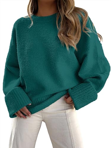 ANRABESS Women's Oversized Sweaters 2025 Long Sleeve Fuzzy Knit Casual Chunky Pullover Sweater Fall Outfits Clothes Dark Green X-Small