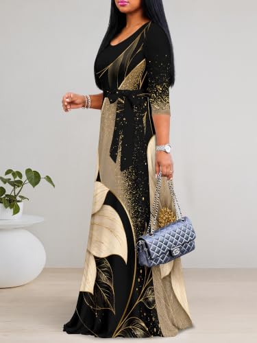 Image of Women's V Neck Floral Maxi Dress 3 /4 Sleeve Plus Size Boho Wrap Flowy Long Dresses with Belt