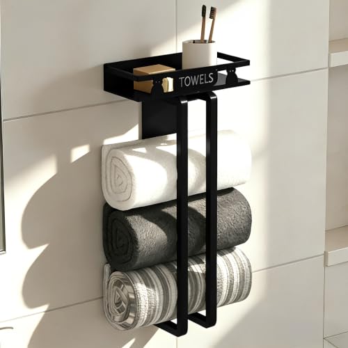 PARFCO 40 cm Negro Organizador Toallas Baño, Soporte para Toallas de Invitados, Toalleros de Baño Sin Taladro, para Colgar en la Pared y Autoadhesivo, Apto para el Baño, la Cocina y el Pasillo