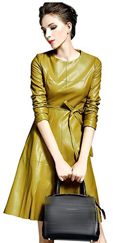 LAI MENG FIVE CATS Womens Faux Leather Fashion Midi Bodycon A-line Dress with Belted, Yellow, Large