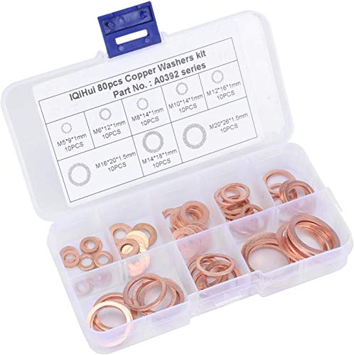 fgyhtyjuu 80PCS Cobre Sólido Crush Arandelas espaciadoras Plana del Anillo del Aceite de Frenos Kit de Sellado M5 / M6 / M8 / M10 / M12 / M14 / M16 / M20 Surtido 8 tamaños Juntas Cover
