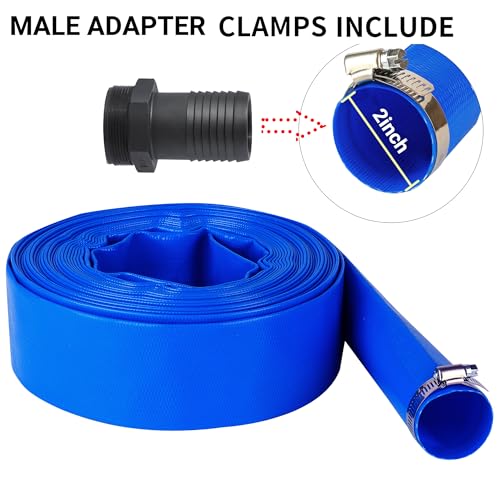 Image of 2 inch (Flat 3.4'' width) x 50 FT Pool Backwash Hose Kit with Male NPT Adapter | Blue Reinforced Pool Drain Discharge Hose for Swimming Pool Filter Pump,with 2 Clamp and Thread Seal Tape