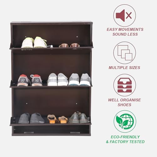 Image of Metal Shoe Rack Wall Mounted for Home with Central Locking | 3 Door 28 inch Wall Mounted Metal 9 Pair Shoe Rack Cabinet | Pre-Assembled Rack Shelves | 3 Year Warranty (Brown)