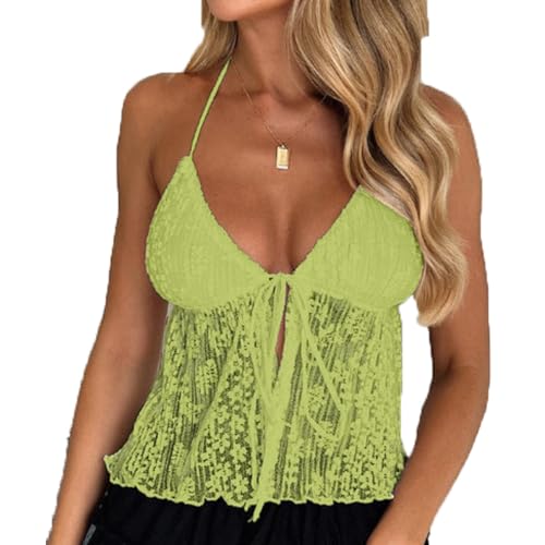 Image of Women's Sexy Halterneck Tie-Up Front Crop Top Sleeveless Backless Lace Cardigan Tops Streetwear