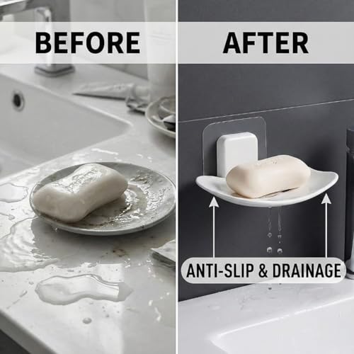 Image of Wall Mounted Soap Dish Holder, Self Adhesive, Curved Tray Design, Bathroom Organizer, Available in White and Black
