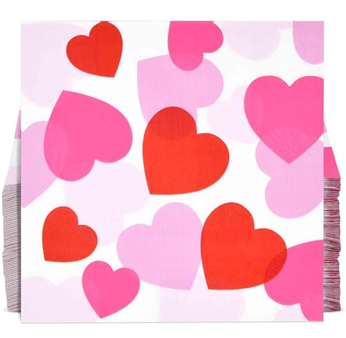 100 Pink & Red Heart Cocktail Beverage Napkins Disposable Paper Love Hearts Dessert Napkin for Valentines Day Wedding Party Supplies Tableware Decor