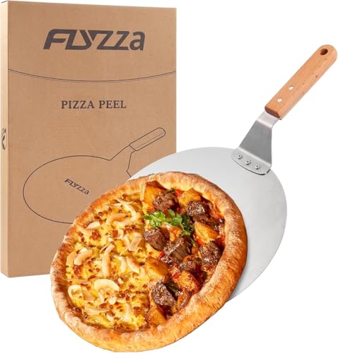 FLYZZA 12 Inch Stainless Pizza Peel, Pizza Spatula with Ergonomic Long Wood Handle for Pizza Oven Baking, Turing Peel for Pizza, Dough, Bread Pastry