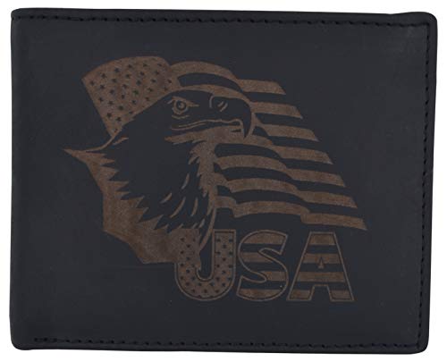 Men's Cowhide Leather USA Flag Eagle Logo RFID Bifold Wallet