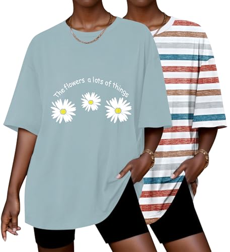 Image of Ekouaer 2 Pack Womens Tops Short Sleeve Oversized T Shirts Summer Spring Tops 2025 Basic Casual Tee Top S-XXL