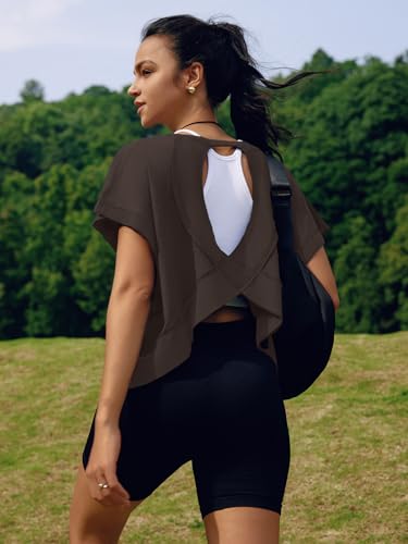 Image of SENSERISE Womens Open Back Workout Tops Backless Short Sleeve Athletic Shirt Running Crop Top Gym Yoga Tee