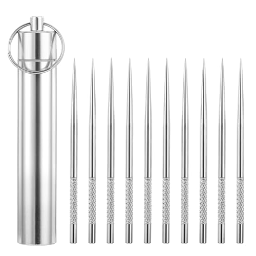 Giantree Metal Toothpicks Portable Metal Toothpick Holder with 10 Pcs Reusable Stainless Steel Toothpicks Waterproof Toothpick Case Keychain Portable Teeth Cleaning Tools for Travel Outdoor Camping