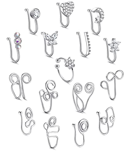 IRONBOX 16Pcs African Nose Cuff Non Piercing for Women Men Fake Nose Rings Piercing Butterfly Flower Moon Star Crystal Clip On Nose Ring Nose for Non Piercing Jewelry