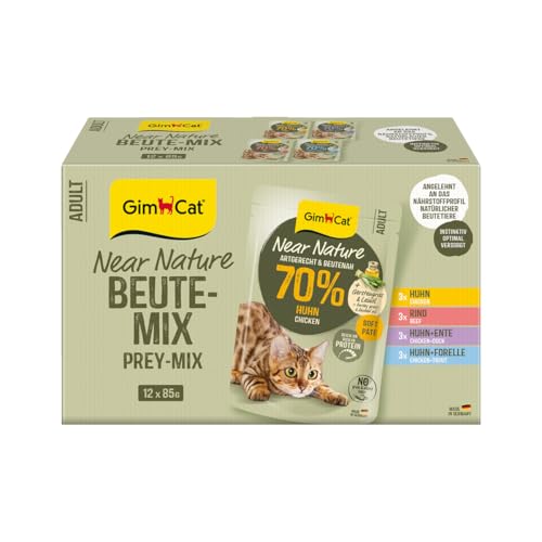 GimCat Near Nature Probier-Mix 12er - Getreidefreies Nassfutter für Katzen ab dem 7. Monat mit artgerechter und beutenaher Rezeptur - 12 Beutel (12 x 85 g)