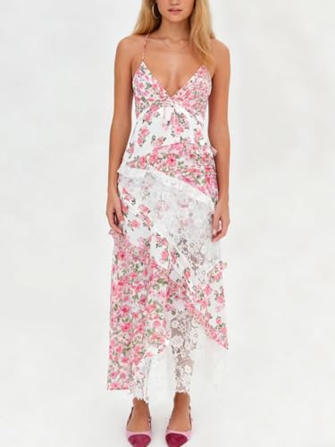 Image of Women Y2k Floral Smocked Maxi Dress Bow Tie Shoulder Tiered Ruffle Midi Sun Dress Boho Casual Beach Long Dresses