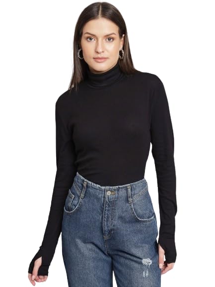 nobarr Women's Acrylic Full Sleeve Polo-Neck Black Top-picture-19