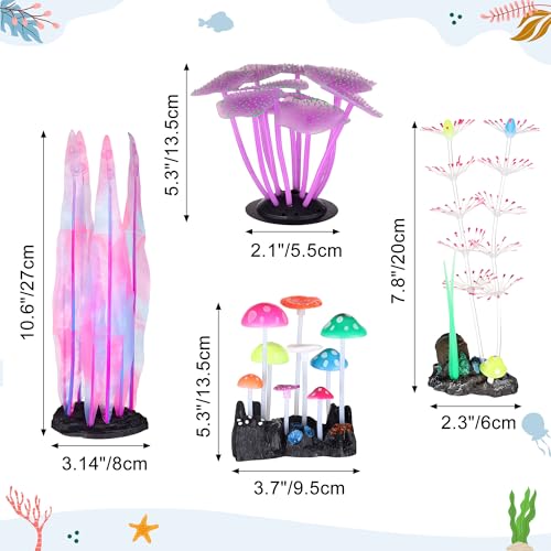 Image of Lpraer 4 Pack Glow Aquarium Decorations Branch Coral Reef Mushroom Seaweed Simulation Glow Plant Glowing Effect Silicone for Fish Tank Decorations