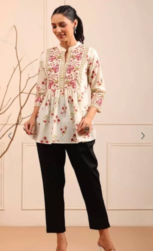 Image of Womens Cotton Printed Anarkali Short Top Kurti