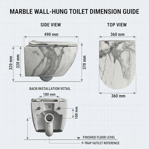 Image of InArt Rimless Ceramic Wall Hung Western Toilet for Bathroom | Wall Mount Commode /EWC /WC /European Water Closet with P-Trap Wall Outlet & Soft Close Seat Cover, White Marble Color