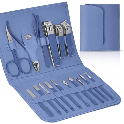 LOPHE Set de Manicura, Manicura y Pedicura Set, 16 Piezas Conjunto Profesional para Uñas, Kit Viaje con Inoxidable Tijeras, Lima, Pinzas y Cortaúñas, Acero Grooming Kit para Hombres y Mujeres (Azul)
