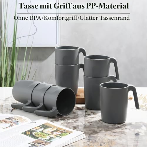 Berglander Graue Plastik Kaffeetassen Set 8er 450ml, Kunststoff Kaffeebecher mit Griffen mehrweg, Wasserbecher, leicht zu tragen… – Ansicht 3