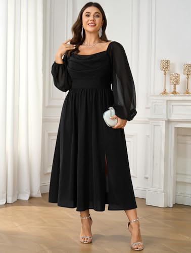 Women's Plus Size Dress Chiffon Long Sleeve Cowl Neck Wedding Guest Cocktail Party Maxi Dress2