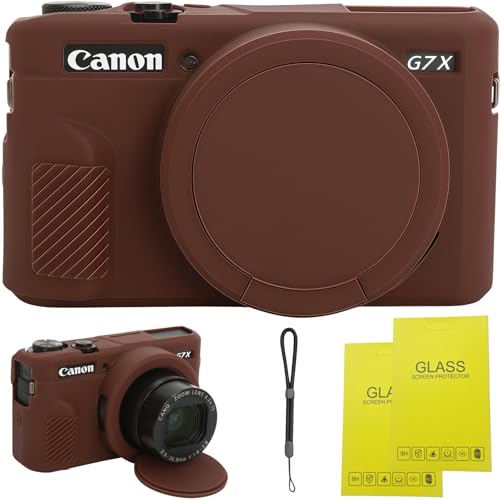Case for Canon G7 X Mark II Camera Soft Silicone Protective Case with Improved Down-Open Design Lens Fully Clear Includes 2 Screen Protectors & 1 Wrist Strap Lightweight Anti-Scratch (Brown)
