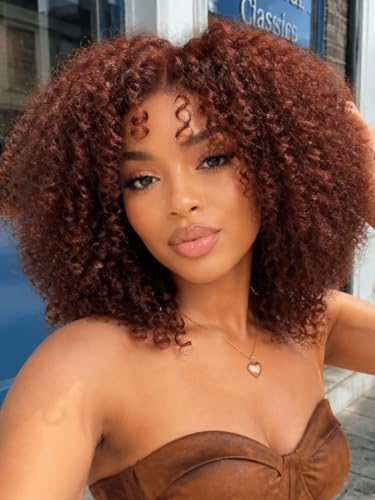 Image of KLAIYI Bye Bye SlipReddish Brown Afro Kinky Curly Glueless Precut 13x4 Lace Front Wigs Human Hair Drawstring Pre Plucked Bleached Knots Pre Everything 3S Ready to Wear and Go Beginner Wig 180% 16Inch