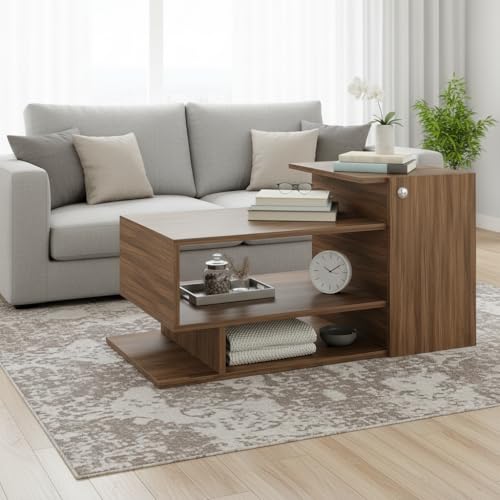 Image of FURNEASER Modern Engineered Wood Coffee Table with Storage Shelves | Center Table for Living Room & Sofa Area | Multi Level Open Rack Design | DIY Furniture (Exotic Teak)