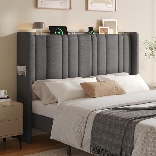 ONBRILL Full Size Headboard with Storage, LED Light, Grey