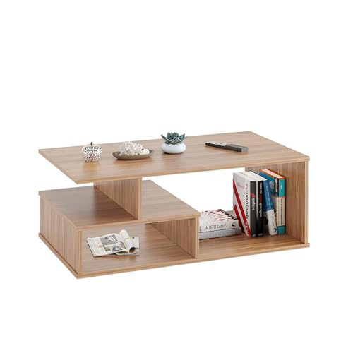Image of FURNEASER Witely Coffee Table Modern Centre Table with Storage Shelves, Teapoy, Centerpiece Tea & Coffee Table for Living Room, Engineered Wood, Matte Finish, Exotic Teak, 90x45x36 cm