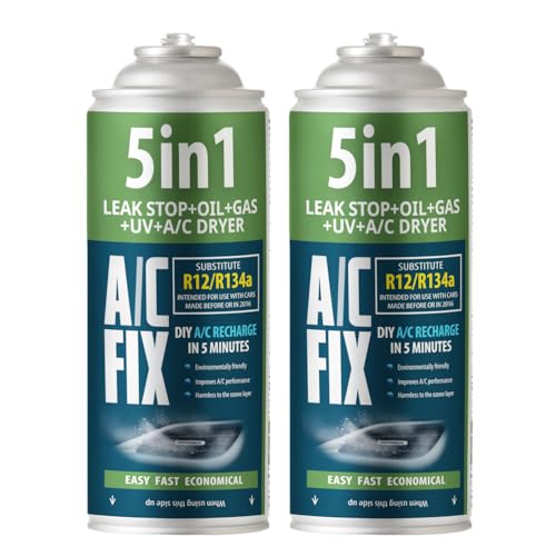 AC FIX 5 en 1 – R134a x 2 470 g Refrigerante para aire acondicionado de coche con aceite, sellador, tinte UV y desecante. Aplicación rápida. Protege el compresor.