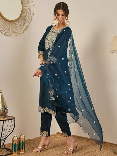 Image of VredeVogel Kurta Set with Dupatta | Viscose Rayon Embroidered Kurta Set for Women | Women's Ethnic Casual Kurti Set |Kurta Pant Festive Suit