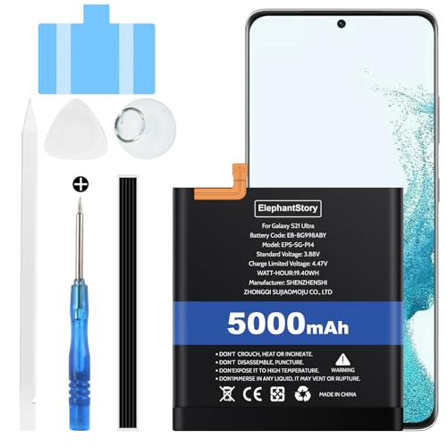 ElephantStory Batería para Samsung Galaxy S21 Ultra SM G998, 5000 mAh Alta Capacidad Reemplazo Interno Baterías de Polímero de Litio EB BG998ABY, Kits de Herramientas de Reparación Completa Dentro