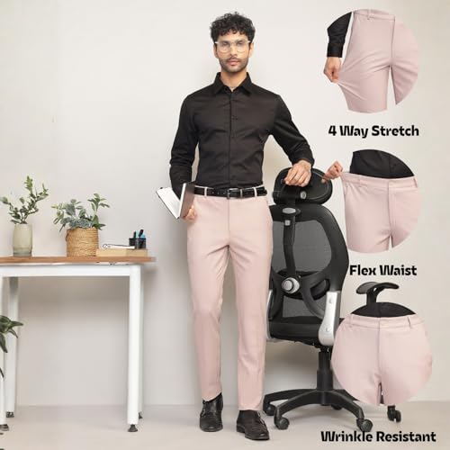 Image of SUBTRACT Men 4 Way Stretch Wrinkle Free Slim Fit Formal Trouser in with 2 Inch Flexible Waistband | Men's Trousers for Office Or Party
