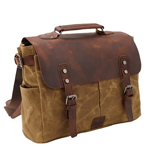 Canvas Horsehide Briefcase European and American Men's Bag Retro Shoulder Crossbody Handbag(C)3