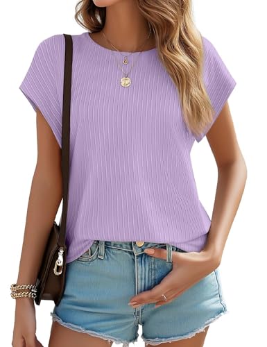 JUSTFASHIONNOW Summer Tops for Women 2025 Trendy Cap Sleeve Crewneck T Shirts Textured Business Casual Outfits Blouses