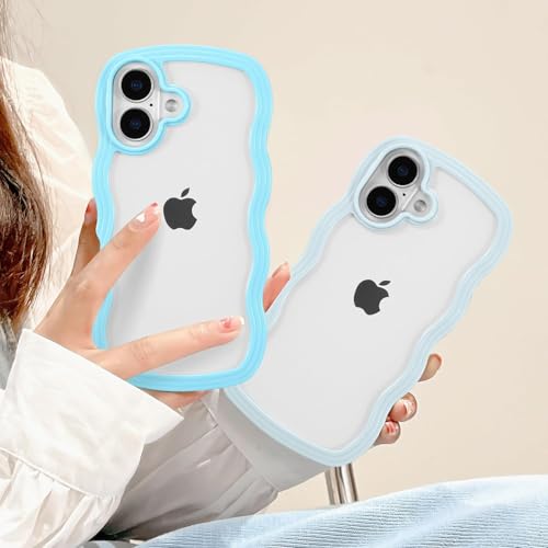 Image of Back Cover for iPhone 16, Cute Curly Wave Case, Shock Proof, Grip, Soft TPU & Girls Stylish, Camera Bump Protector for iPhone 16 (Blue)