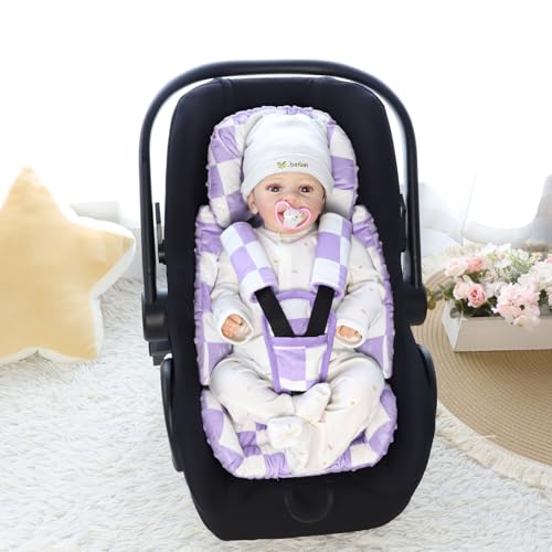 Image of DILIMI Infant Car Seat Insert, Baby Car Seat Head Support with 3 Strap Paddings, Soft Newborn Car Seat Cushion for Stroller, Swing, Bouncers, Purple Checkered