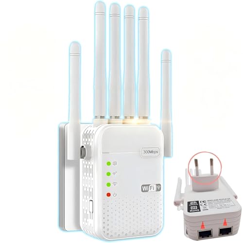 Repeteur WiFi Puissant,Amplificateur WiFi avec 6 antennes, 2 LAN,Mode Répéteur & Routeur & AP, Compatible avec Toutes Les Box Internet Ethernet -...