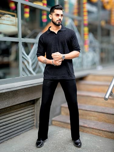 Image of Maniac || Mens || Solid Textured || Polo Neck || 3 /4th Sleeve || Cotton || Oversized Polo T-Shirt