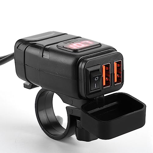 Dual QC3.0 USB Charger with Voltmeter, Motorcycle Charger Adapter for 12V Battery, Fast Charge for Tablets, Phones, splashproof for Motorcycles, (Square Dual USB Super Fast Charging + Red Voltage)